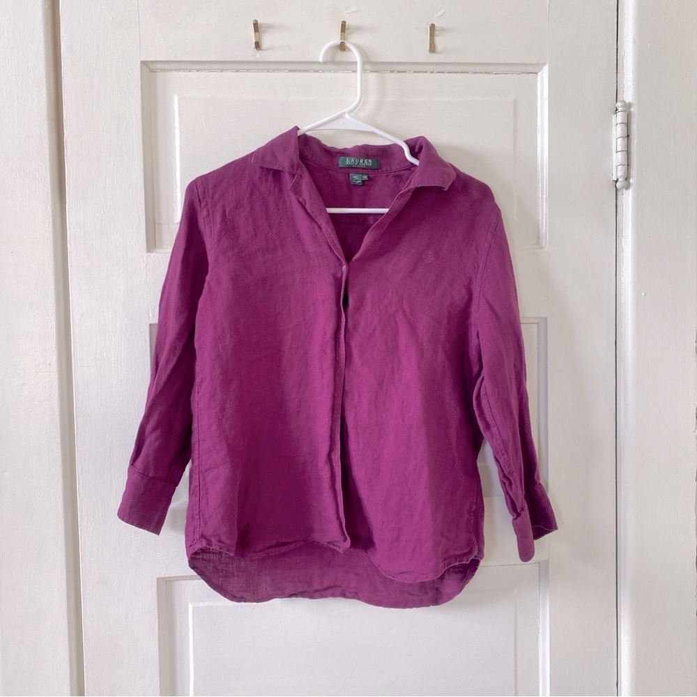 LAUREN RALPH LAUREN Long Sleeve Button Up Maroon Women's Shirt Size Petite/M